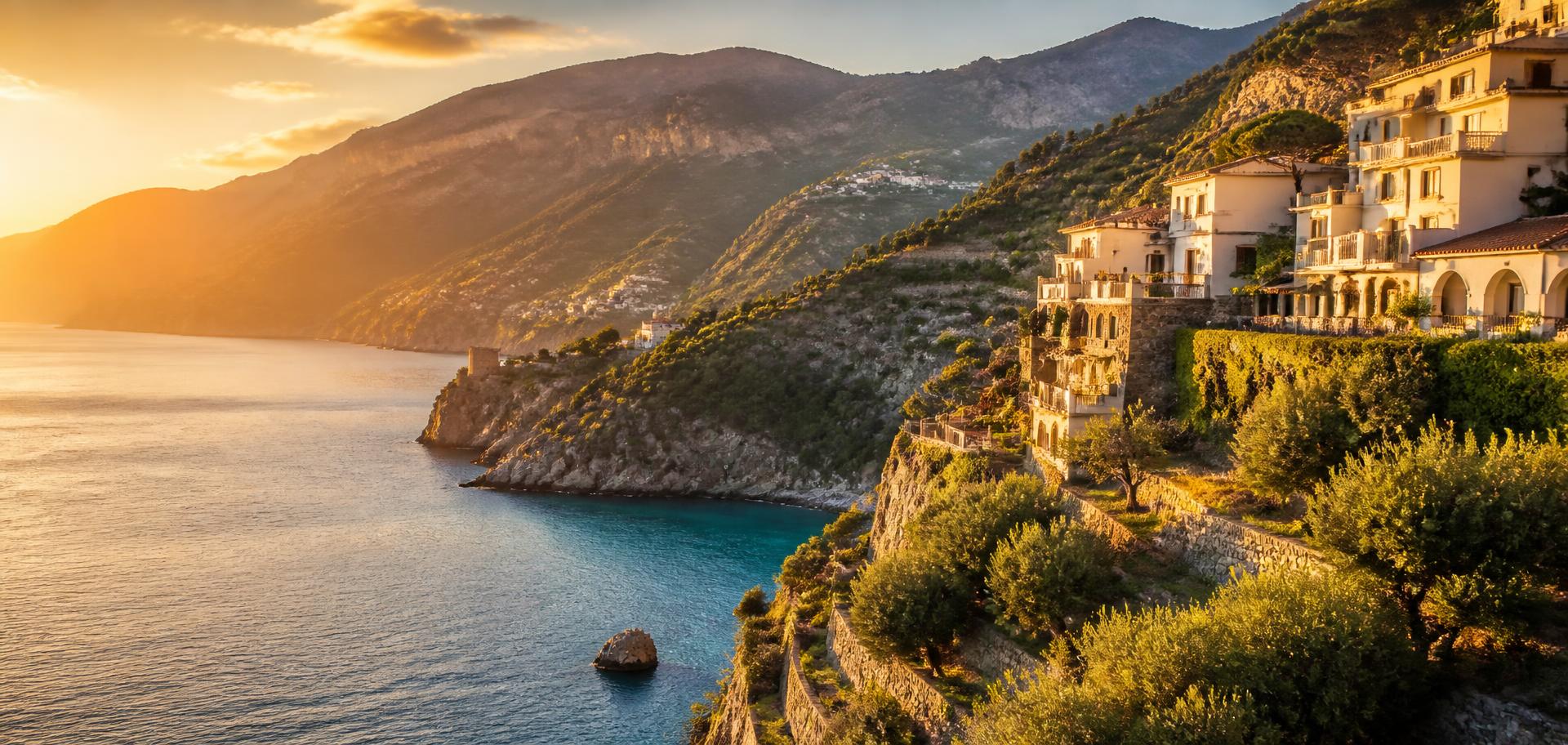 A Mediterranean coastline at golden hour, terraced cliffs and pale villas above turquoise water