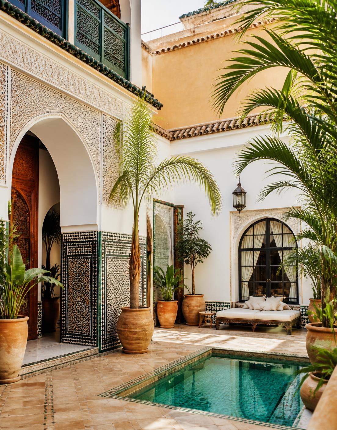 A bright riad courtyard with zellige tilework, palms and a small turquoise plunge pool
