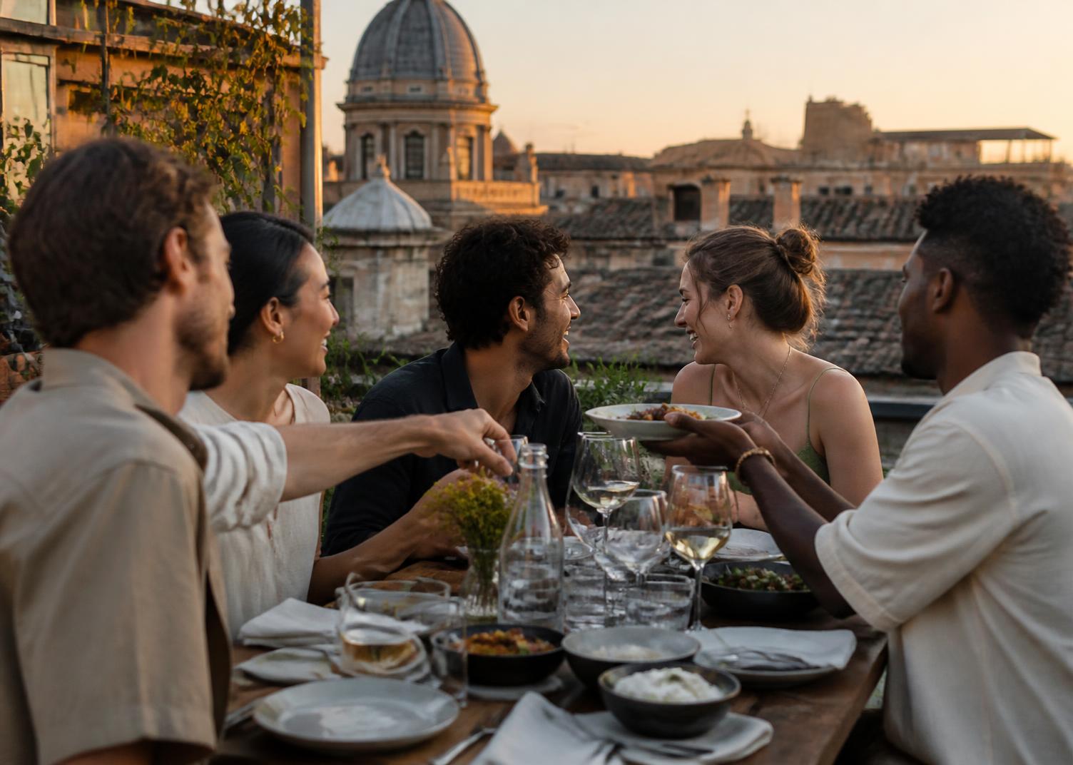 A relaxed rooftop dinner at golden hour, travellers passing sharing plates across a long table above city rooftops